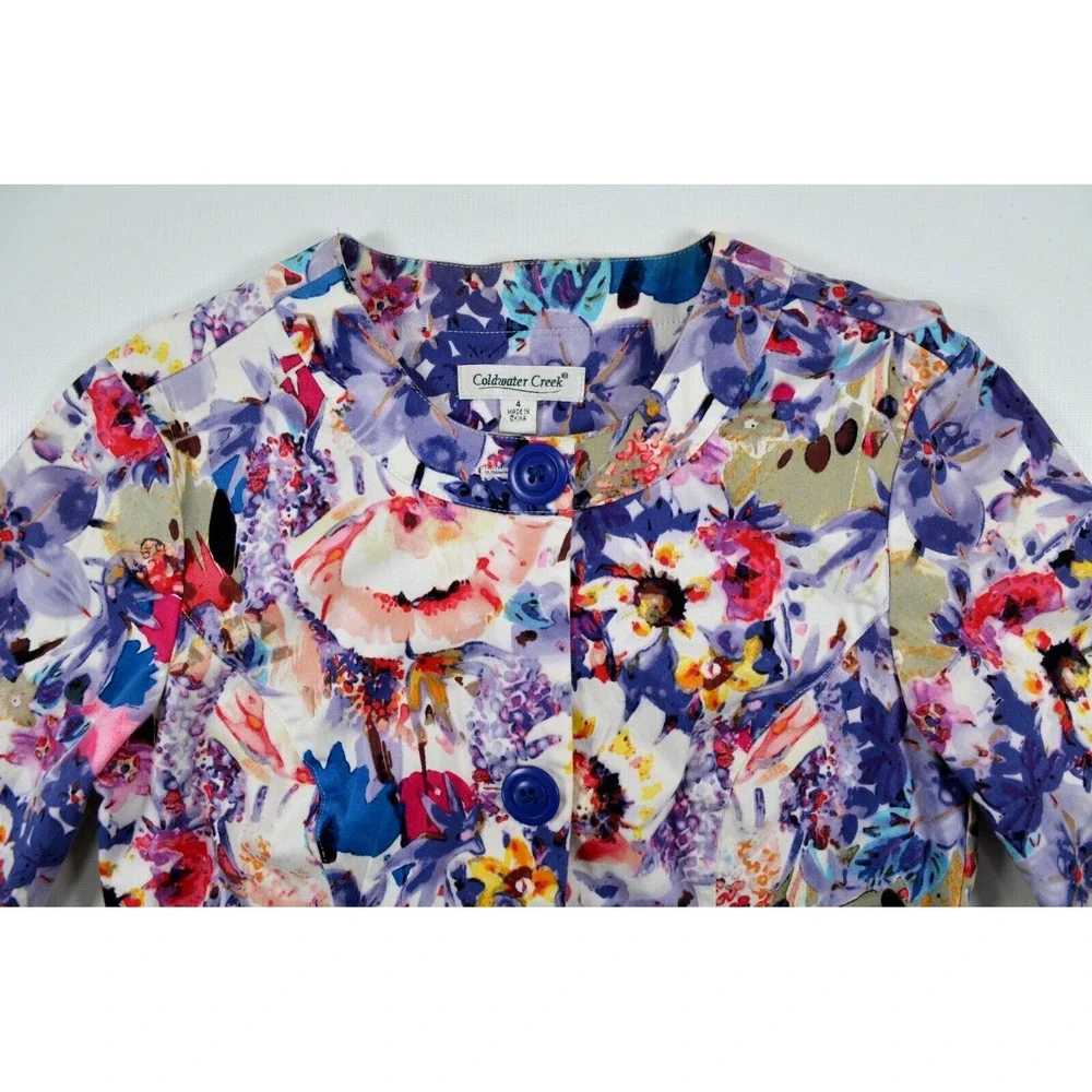 Coldwater Creek Jacket Women's Size 4 Multicolor Floral 3/4 Sleeve Button Front‎